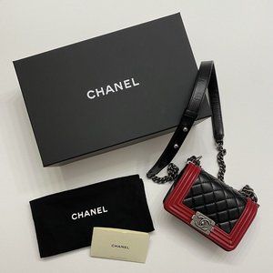 CHANEL Small Quilted Calfskin & Ruthenium-Finish Black W/ Red Trim Boy Bag